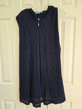 Women's Navy Hooded Swim Coverup - Lightweight Eyelet Beach Dress
